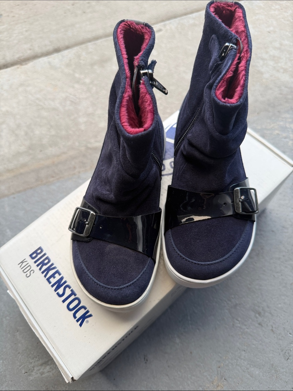 Birkenstock Navy Suede Ankle Booties with Pink Lining and Glossy Buckle